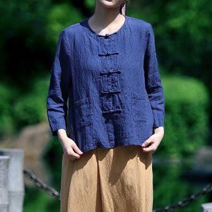 Women s 100% Linen Long Sleeves Tunic Tops